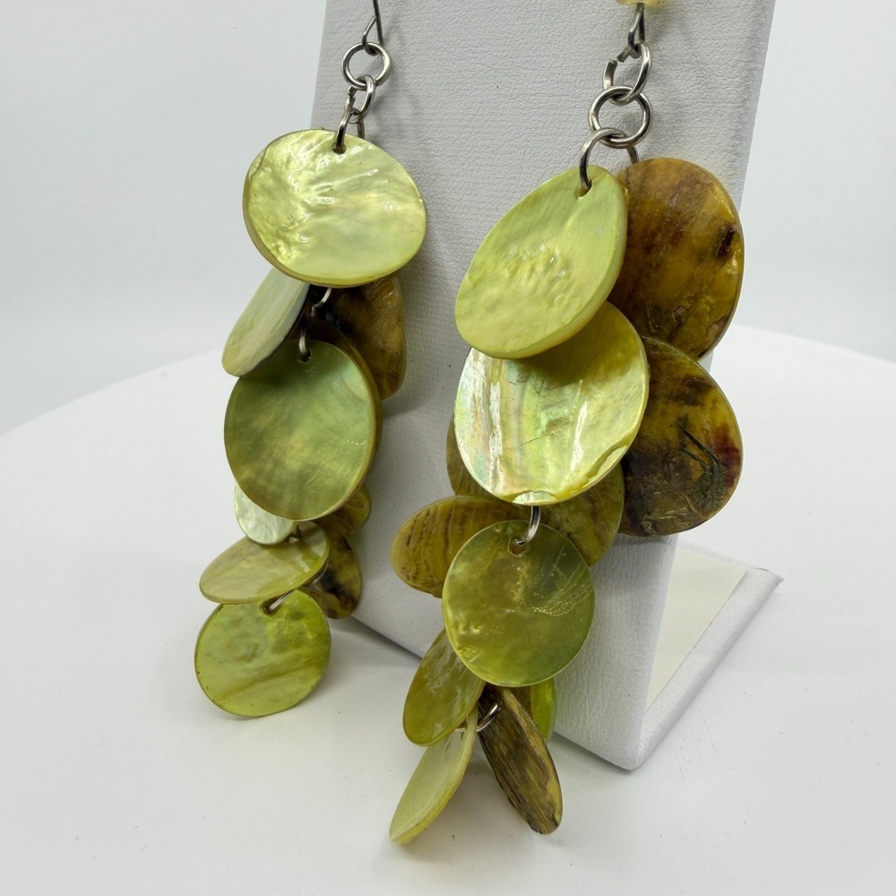 Natural Shell Disc Statement Dangle Earrings Multi-Layered Boho Beach Jewelry - Picture 9 of 13